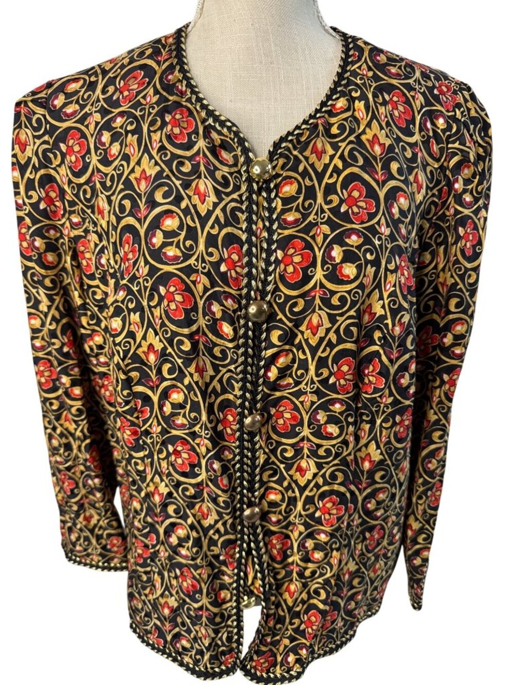 Maggy London Floral Button-Down Jacket Size 16 Black Gold & Red Vintage Style